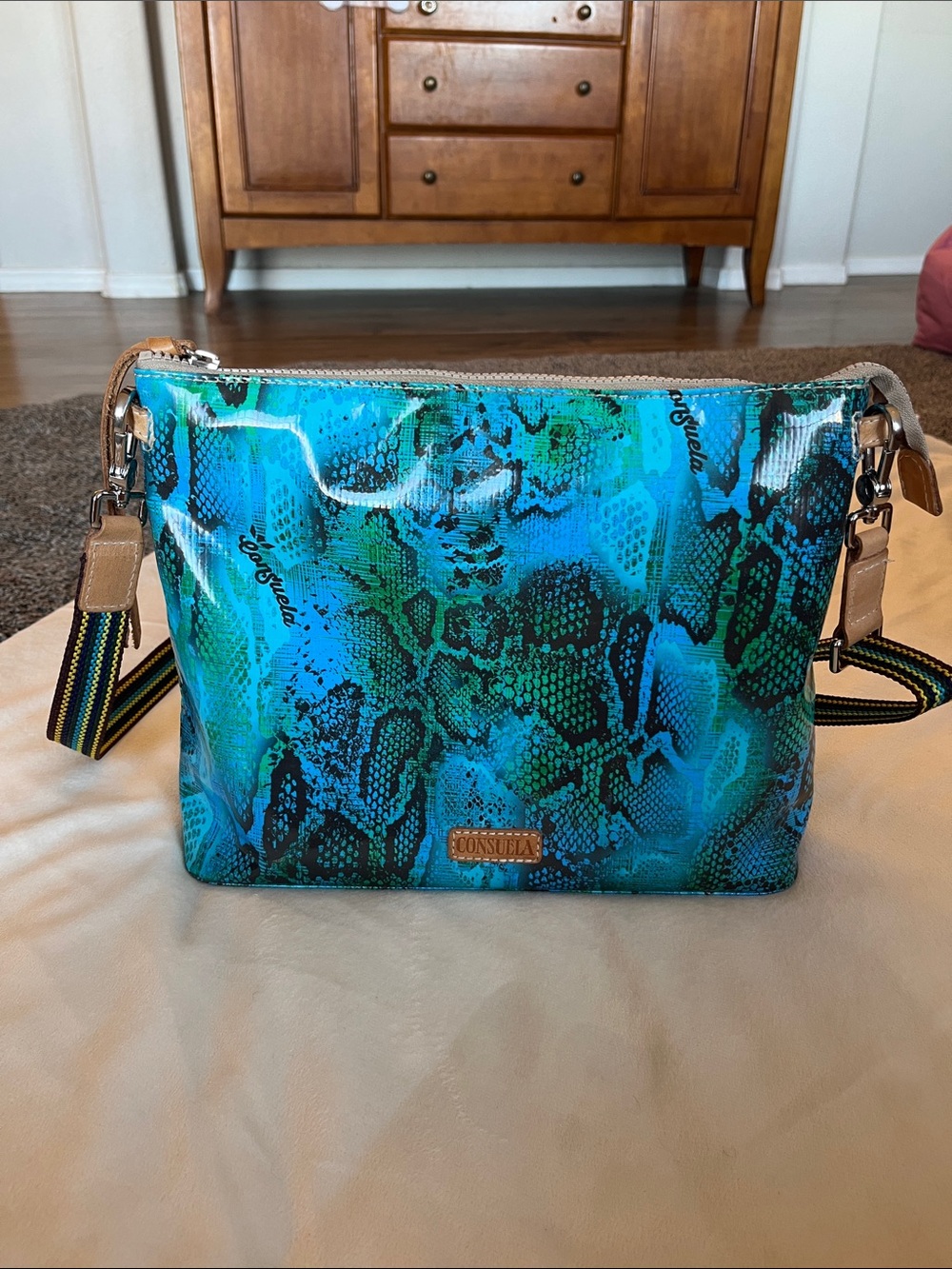 Consuela Teal & Blue Snake-Print Crossbody with Striped Strap